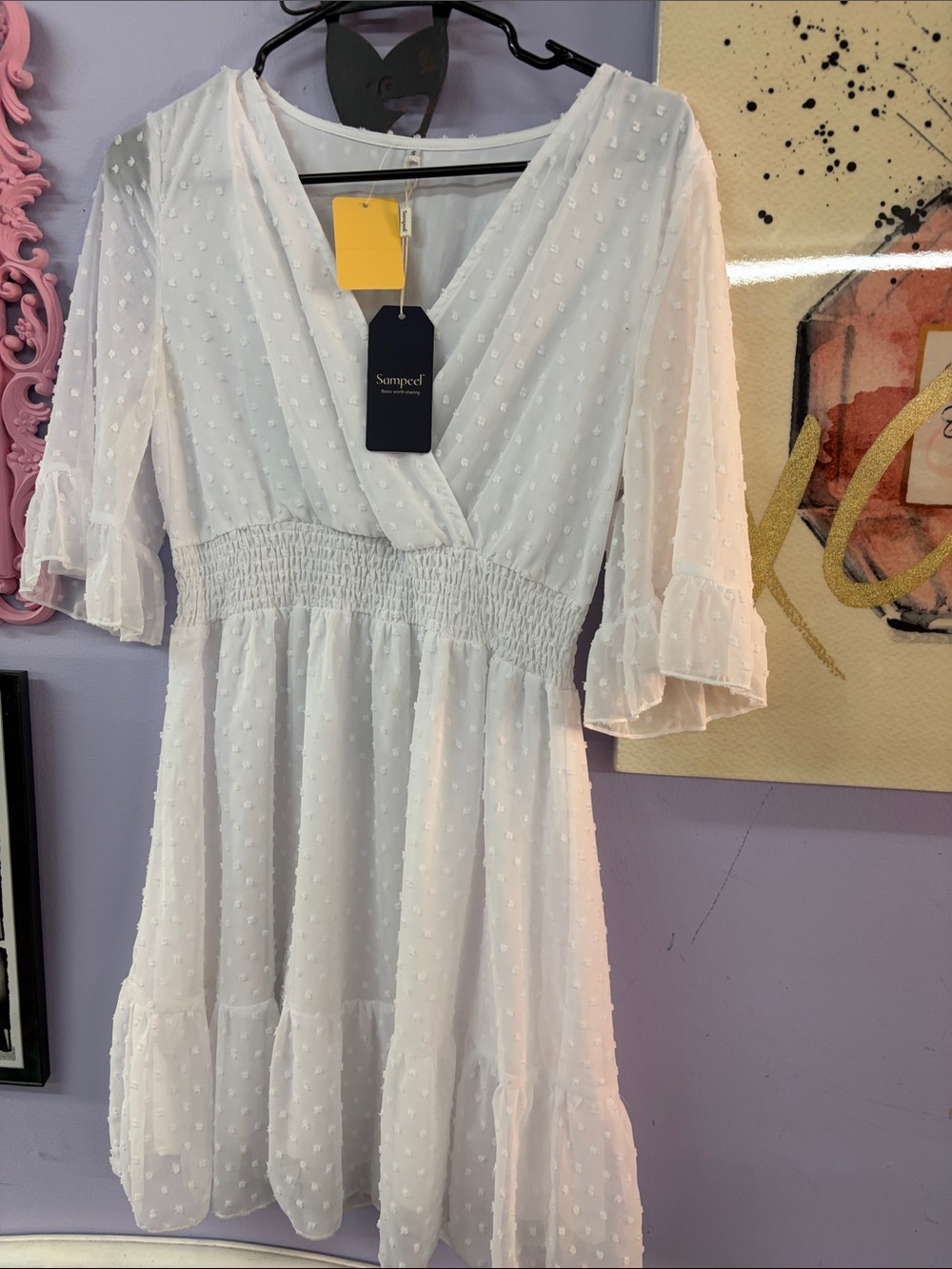 Smocked Wrap Mini Dress in White by Samped